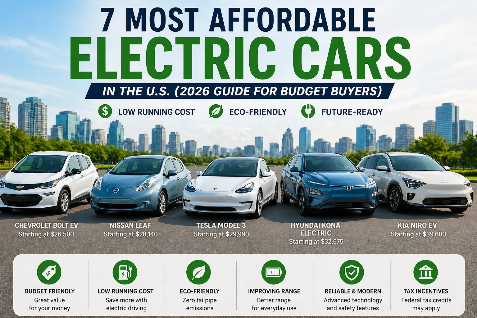 Affordable electric cars in the U.S. including budget EVs for daily driving and low running cost