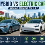 Hybrid vs electric cars in the U.S. showing comparison between fuel-powered hybrid and fully electric vehicle