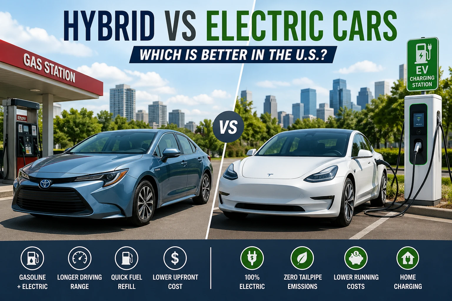 Hybrid vs electric cars in the U.S. showing comparison between fuel-powered hybrid and fully electric vehicle