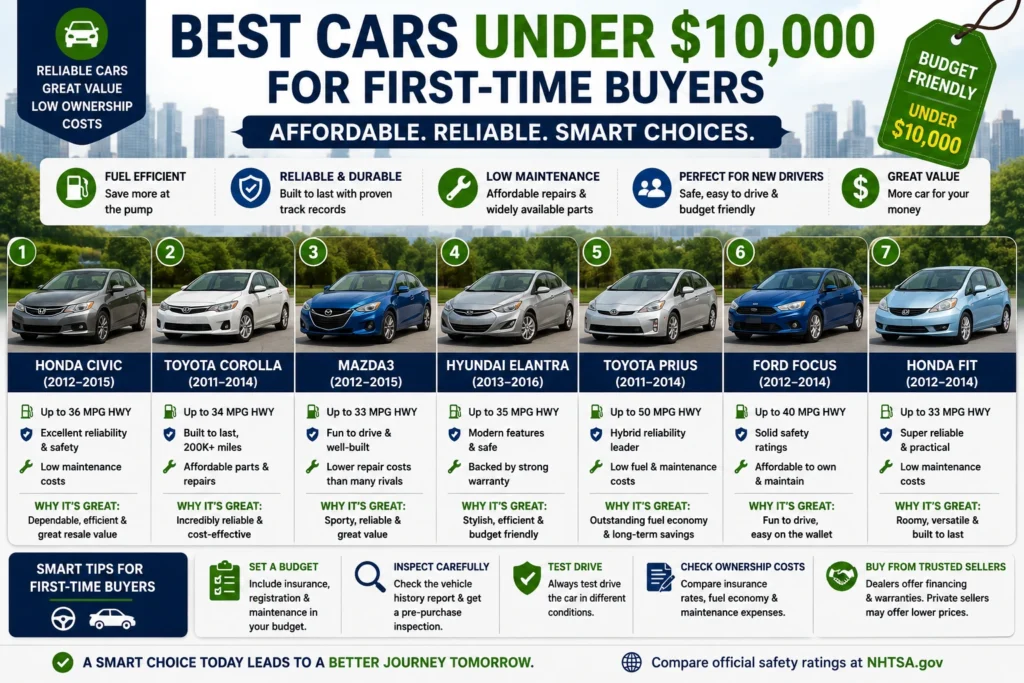 Best cars under 10000 for first-time buyers including Honda Civic, Toyota Corolla, Mazda3, Hyundai Elantra, Toyota Prius, Ford Focus, and Honda Fit