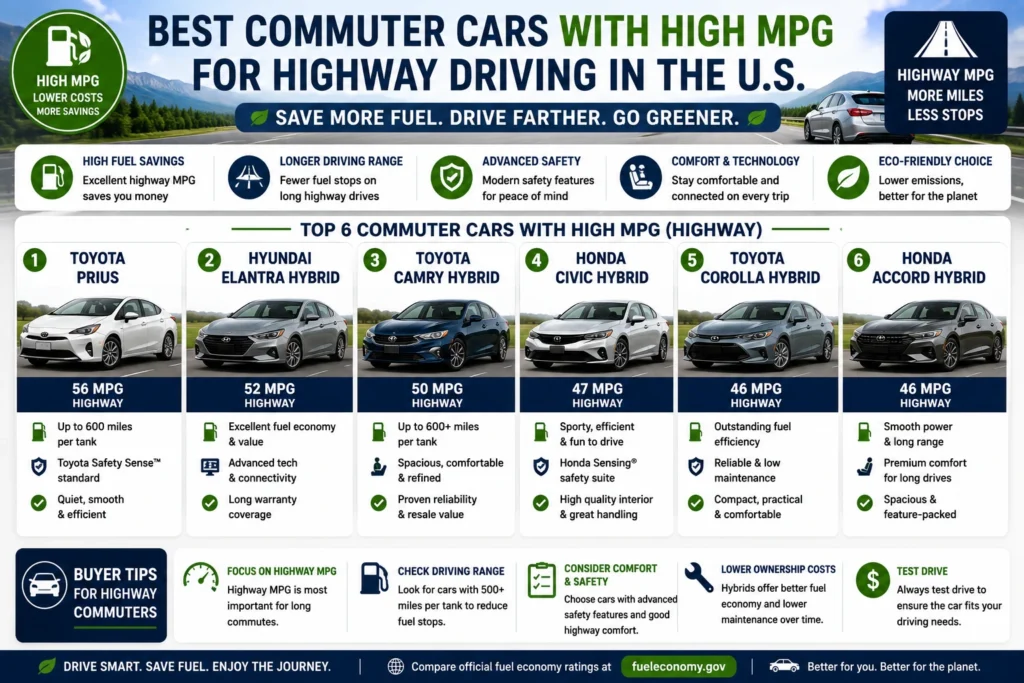 Best commuter cars with high MPG for highway driving including Toyota Prius, Hyundai Elantra Hybrid, Toyota Camry Hybrid, Honda Civic Hybrid, Toyota Corolla Hybrid, and Honda Accord Hybrid