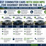 Best commuter cars with high MPG for highway driving including Toyota Prius, Hyundai Elantra Hybrid, Toyota Camry Hybrid, Honda Civic Hybrid, Toyota Corolla Hybrid, and Honda Accord Hybrid