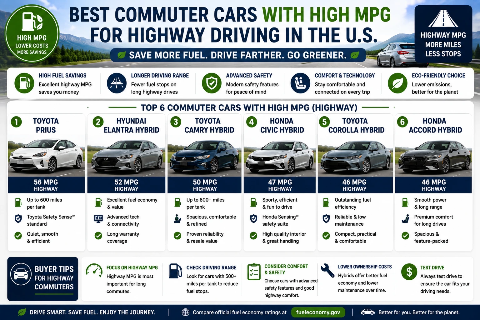 Best commuter cars with high MPG for highway driving including Toyota Prius, Hyundai Elantra Hybrid, Toyota Camry Hybrid, Honda Civic Hybrid, Toyota Corolla Hybrid, and Honda Accord Hybrid
