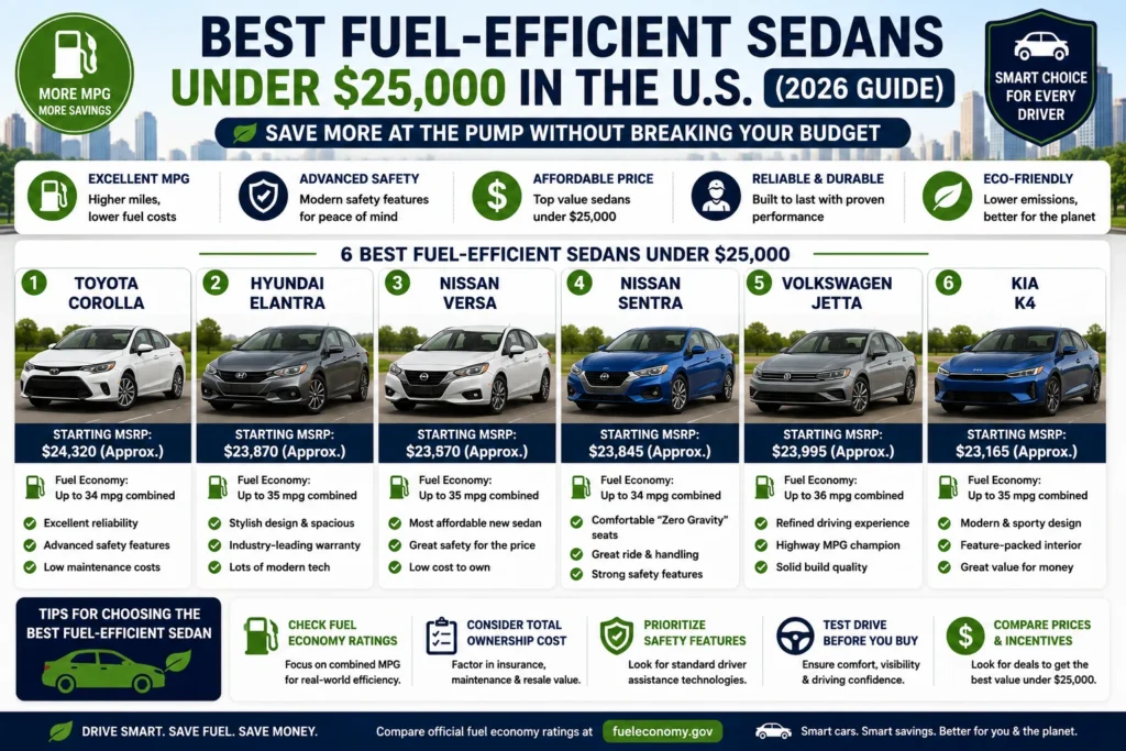 Best fuel-efficient sedans under 25000 in the U.S. including Toyota Corolla, Hyundai Elantra, Nissan Versa, Nissan Sentra, Volkswagen Jetta, and Kia K4