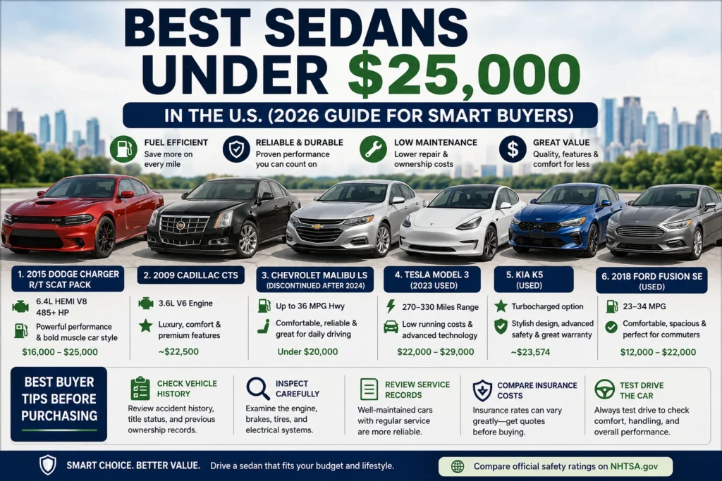 Best sedans under 25000 in the U.S. including Dodge Charger, Cadillac CTS, Chevrolet Malibu, Tesla Model 3, Kia K5, and Ford Fusion