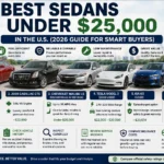 Best sedans under 25000 in the U.S. including Dodge Charger, Cadillac CTS, Chevrolet Malibu, Tesla Model 3, Kia K5, and Ford Fusion