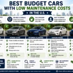 Best budget cars with low maintenance costs in the U.S. including Toyota Corolla, Honda Civic, Hyundai Elantra, Toyota Prius, and Kia Forte