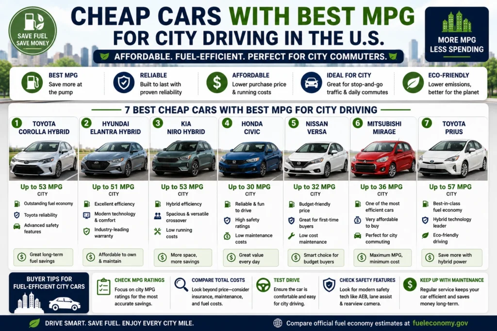 Cheap cars with best MPG for city driving in the U.S. including Toyota Corolla Hybrid, Hyundai Elantra Hybrid, Kia Niro Hybrid, Honda Civic, Nissan Versa, Mitsubishi Mirage, and Toyota Prius