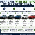 Cheap cars with best MPG for city driving in the U.S. including Toyota Corolla Hybrid, Hyundai Elantra Hybrid, Kia Niro Hybrid, Honda Civic, Nissan Versa, Mitsubishi Mirage, and Toyota Prius