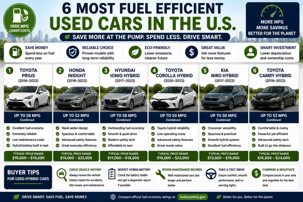 Most fuel efficient used cars in the U.S. including Toyota Prius, Honda Insight, Hyundai Ioniq Hybrid, Toyota Corolla Hybrid, Kia Niro Hybrid, and Toyota Camry Hybrid