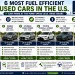 Most fuel efficient used cars in the U.S. including Toyota Prius, Honda Insight, Hyundai Ioniq Hybrid, Toyota Corolla Hybrid, Kia Niro Hybrid, and Toyota Camry Hybrid