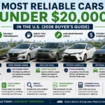 Most reliable cars under 20000 in the U.S. including Chevrolet Trax, Nissan Versa, Kia Soul, Toyota Corolla, and Hyundai Elantra